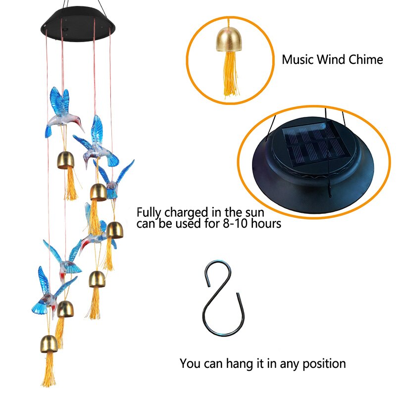 Solar-powered Dangling Hummingbird Bell Light